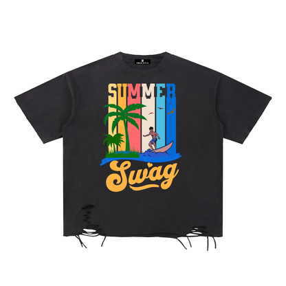 Snow Washed Raw-Hem "Swag Epic" T-Shirt