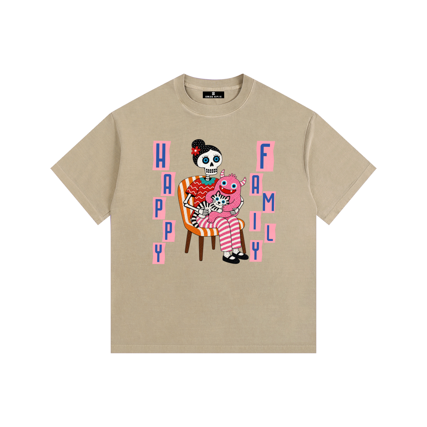 Vintage Washed Oversized Cotton T-Shirt – "Happy Family"