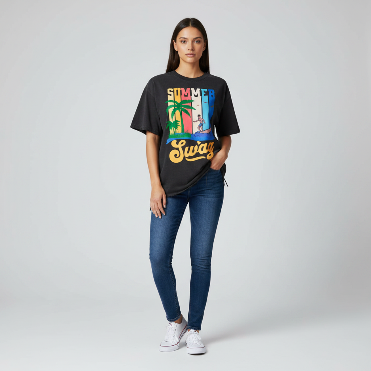 Snow Washed Raw-Hem "Swag Epic" T-Shirt