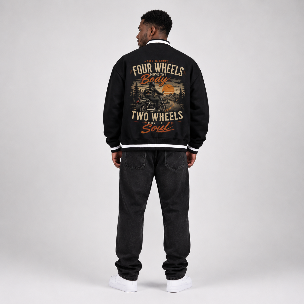 Contrast Piping Zip Bomber Jacket - "Four Wheels"