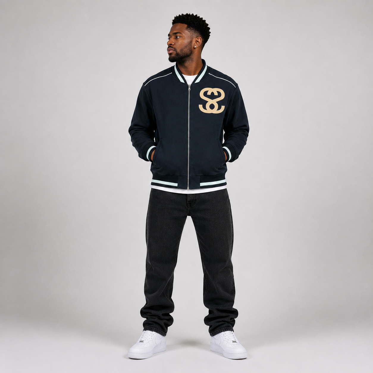 Contrast Piping Zip Bomber Jacket - "Four Wheels"