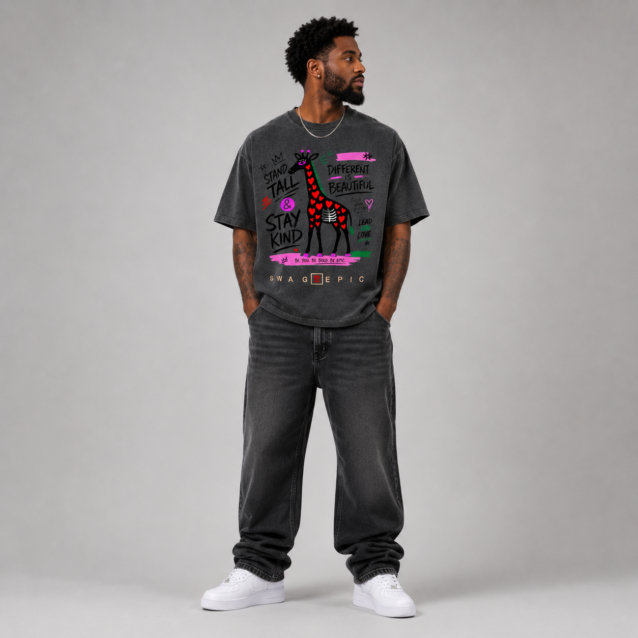 Snow Washed Oversized Cotton T-Shirt – "Stand Tall and Dream Big"