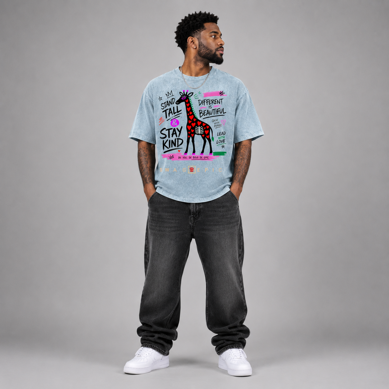 Snow Washed Oversized Cotton T-Shirt – "Stand Tall and Dream Big"