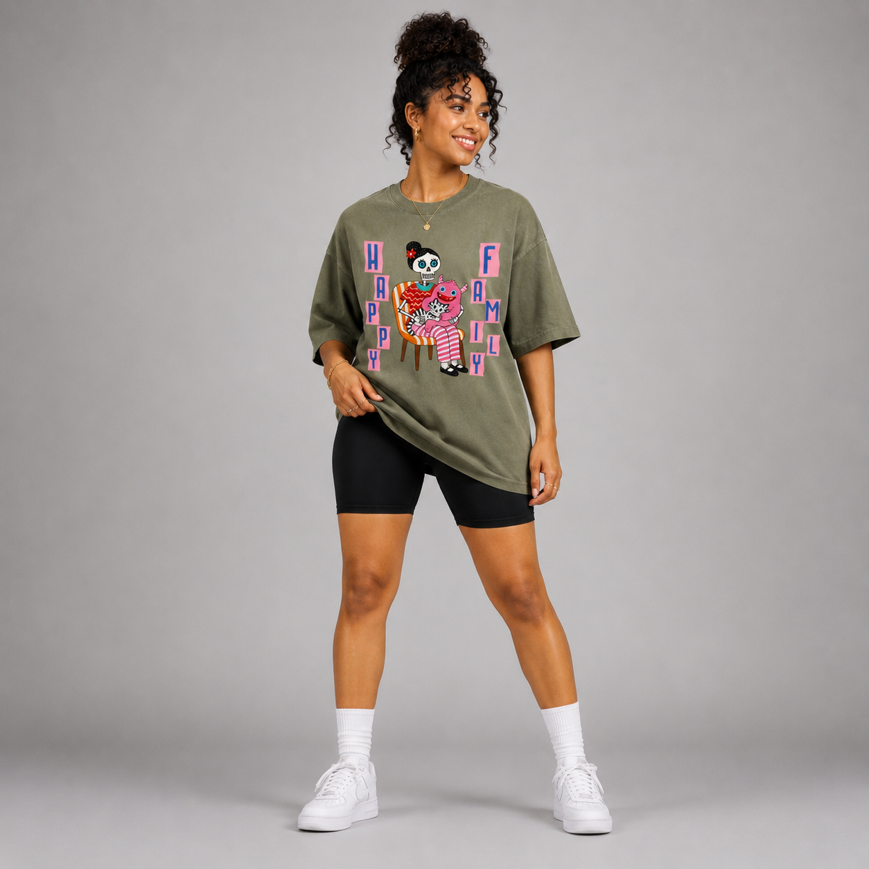 Vintage Washed Oversized Cotton T-Shirt – "Happy Family"