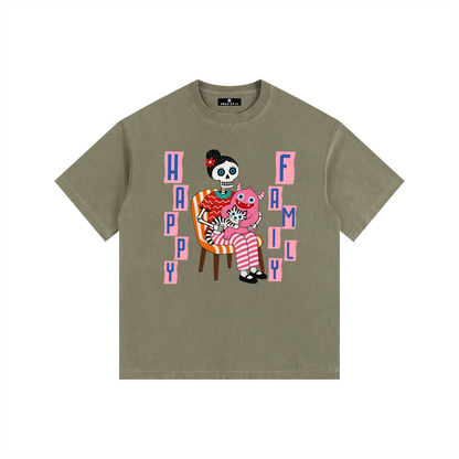 Vintage Washed Oversized Cotton T-Shirt – "Happy Family"