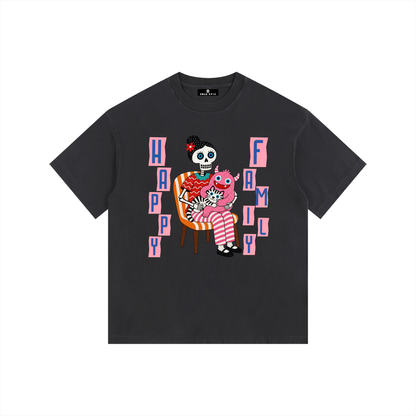 Vintage Washed Oversized Cotton T-Shirt – "Happy Family"
