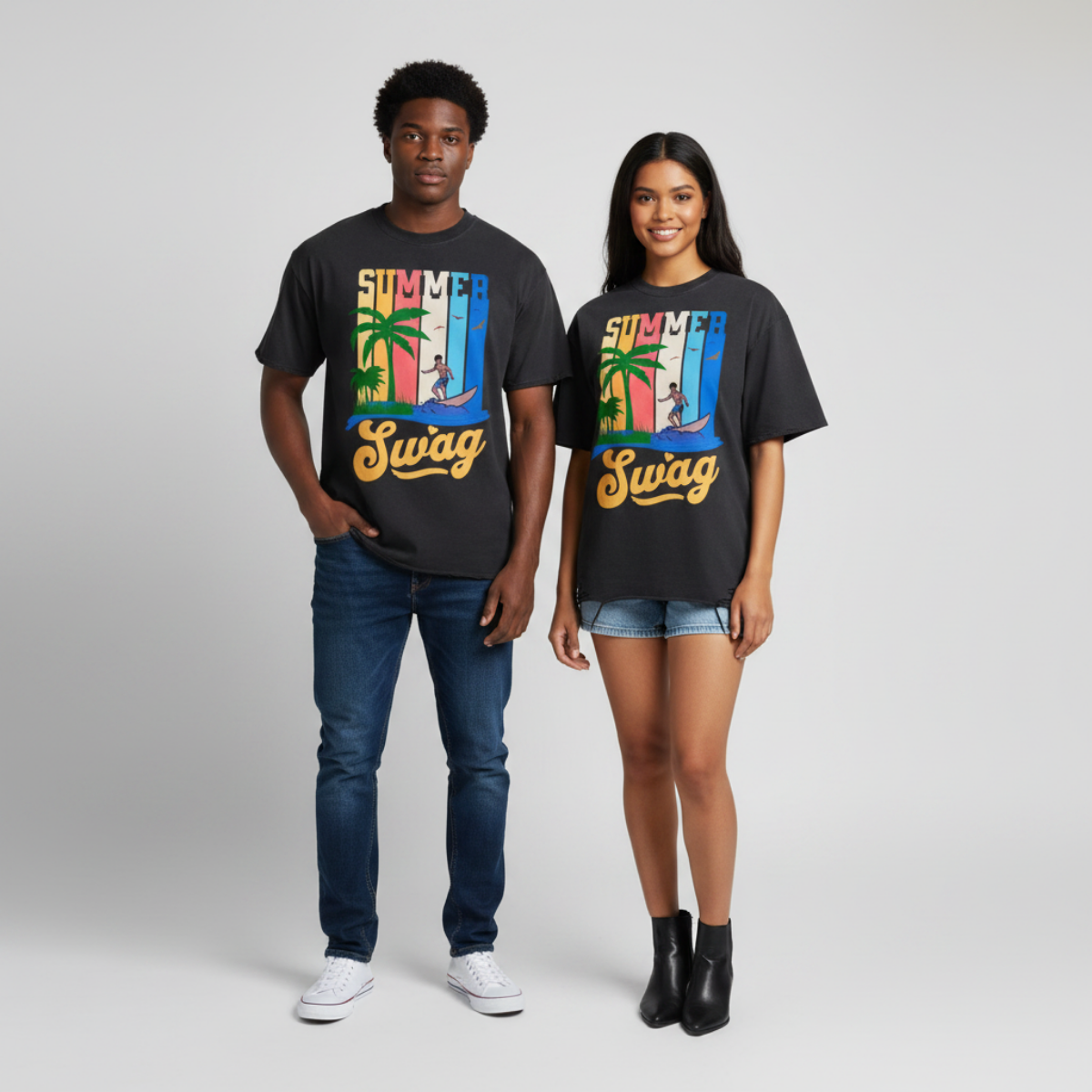 Snow Washed Raw-Hem "Swag Epic" T-Shirt